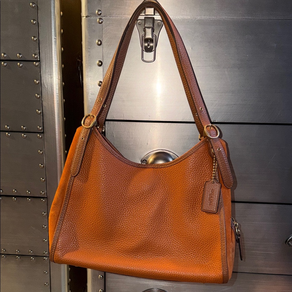 Coach Hadley Leather & Suede Shoulder Bag Tan Brown two handle top tote bag